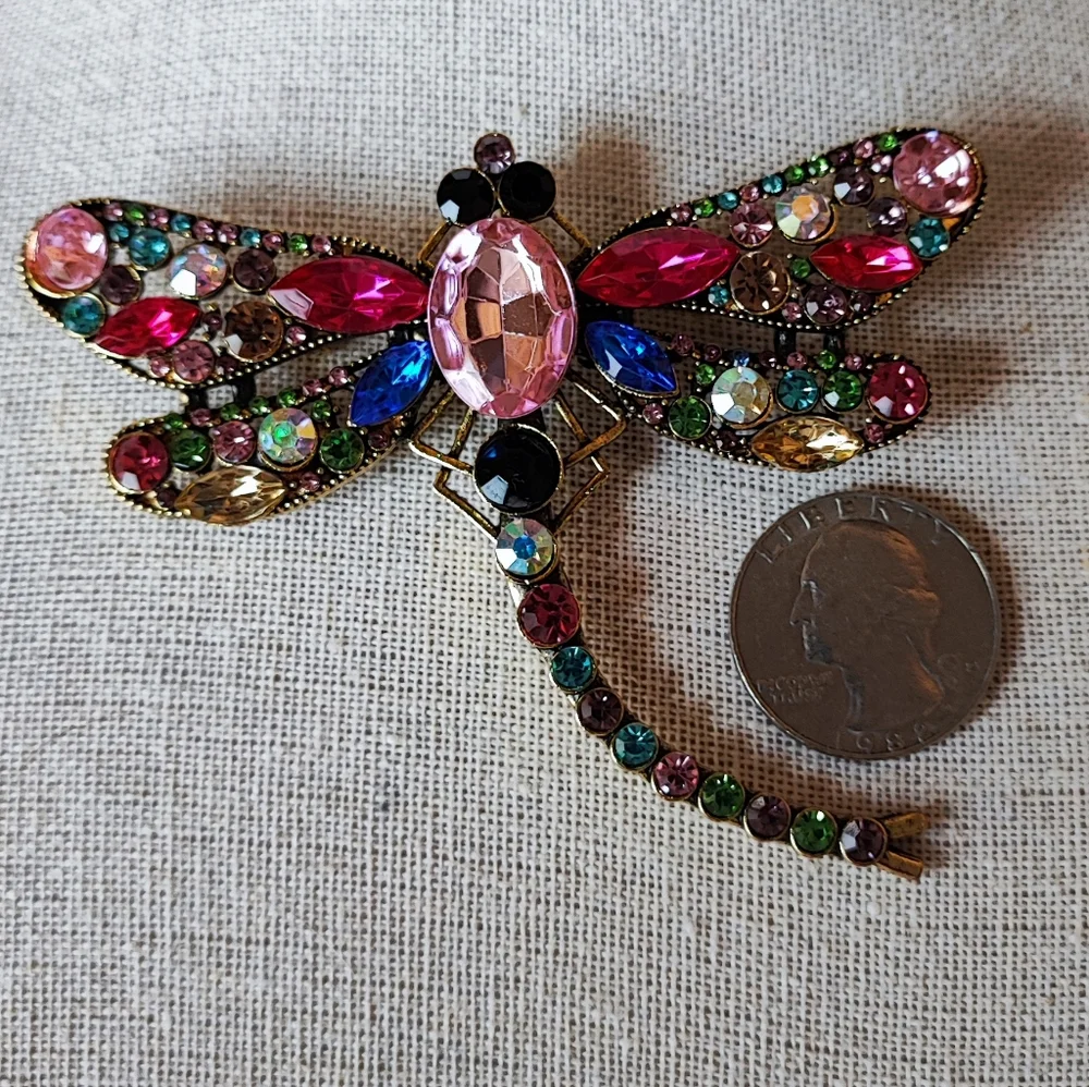 Rhinestone Oversized Huge Dragonfly Brooch Pendant Pink Aurora Borealis NWOT